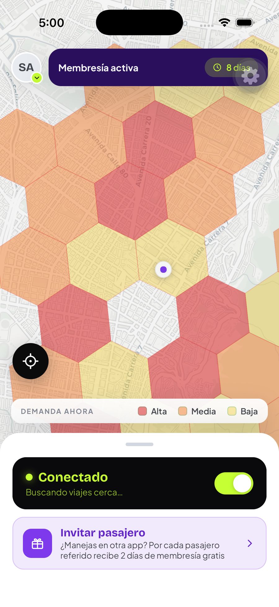 App Tuyo Conductor — mapa de calor de demanda